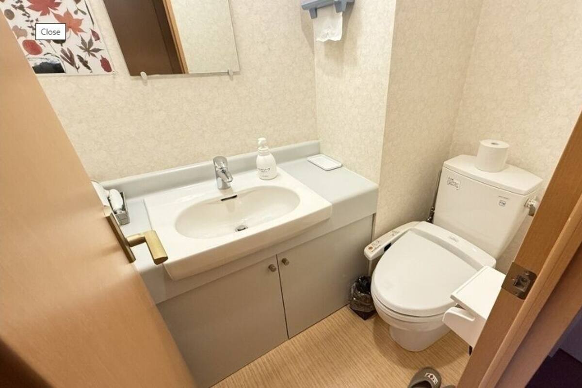 A bathroom with a sink, toilet, and a mirror.