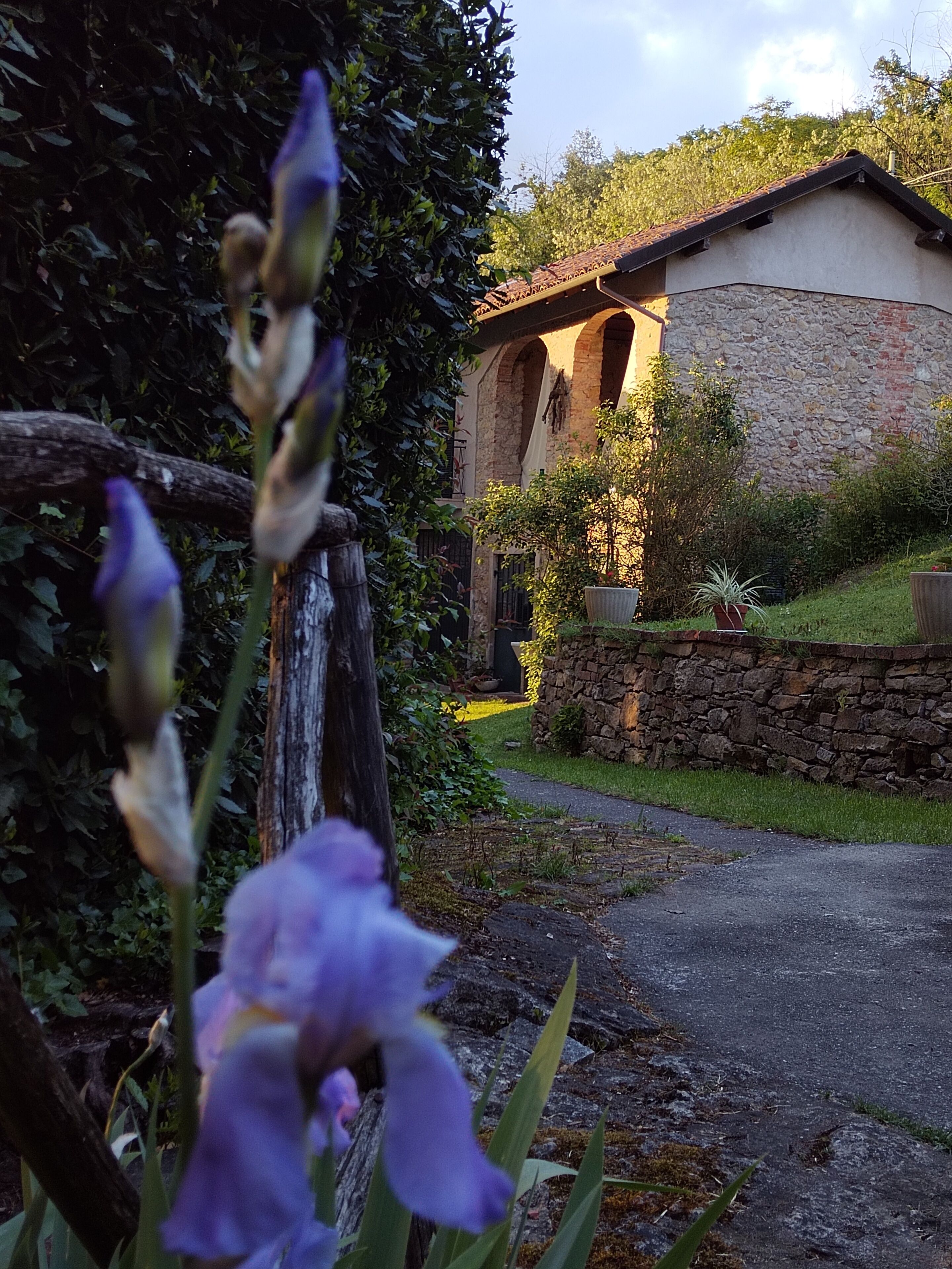 A stone building with a tiled roof, a stone wall, and a paved path leading to it.