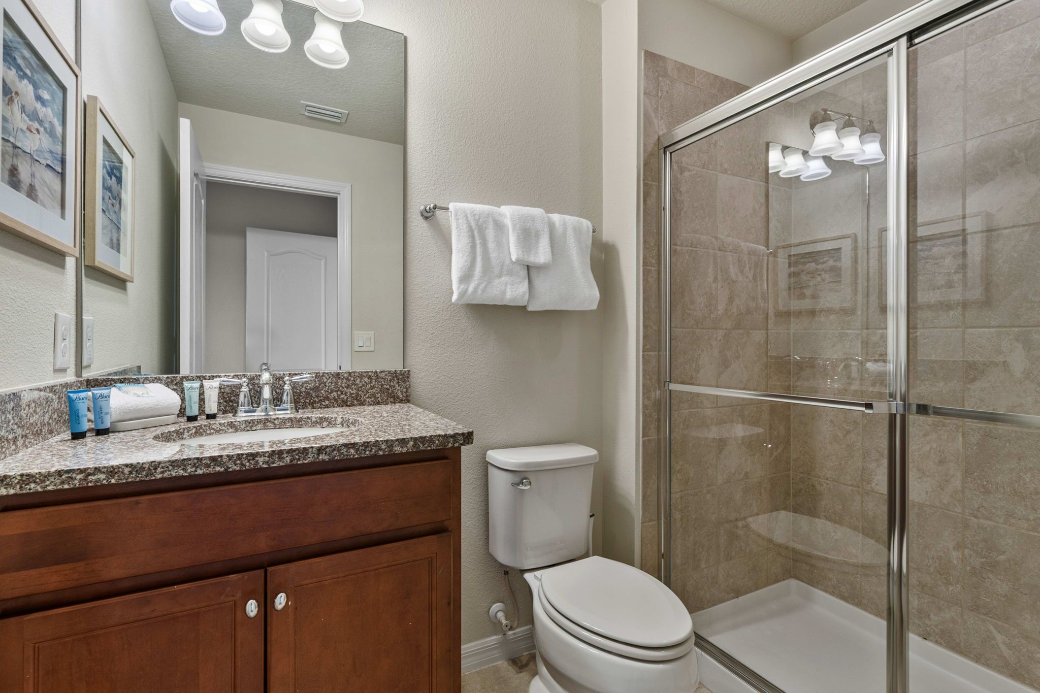 A bathroom with a shower, toilet, vanity, and a mirror.