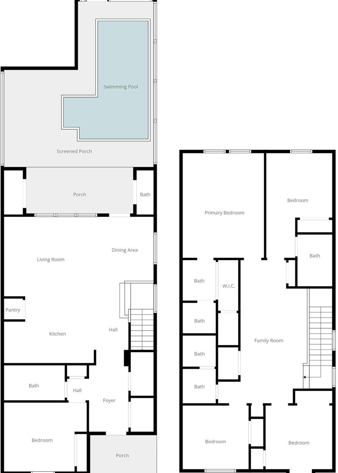 A floor plan of a vacation home with a swimming pool, screened porch, and multiple bedrooms.