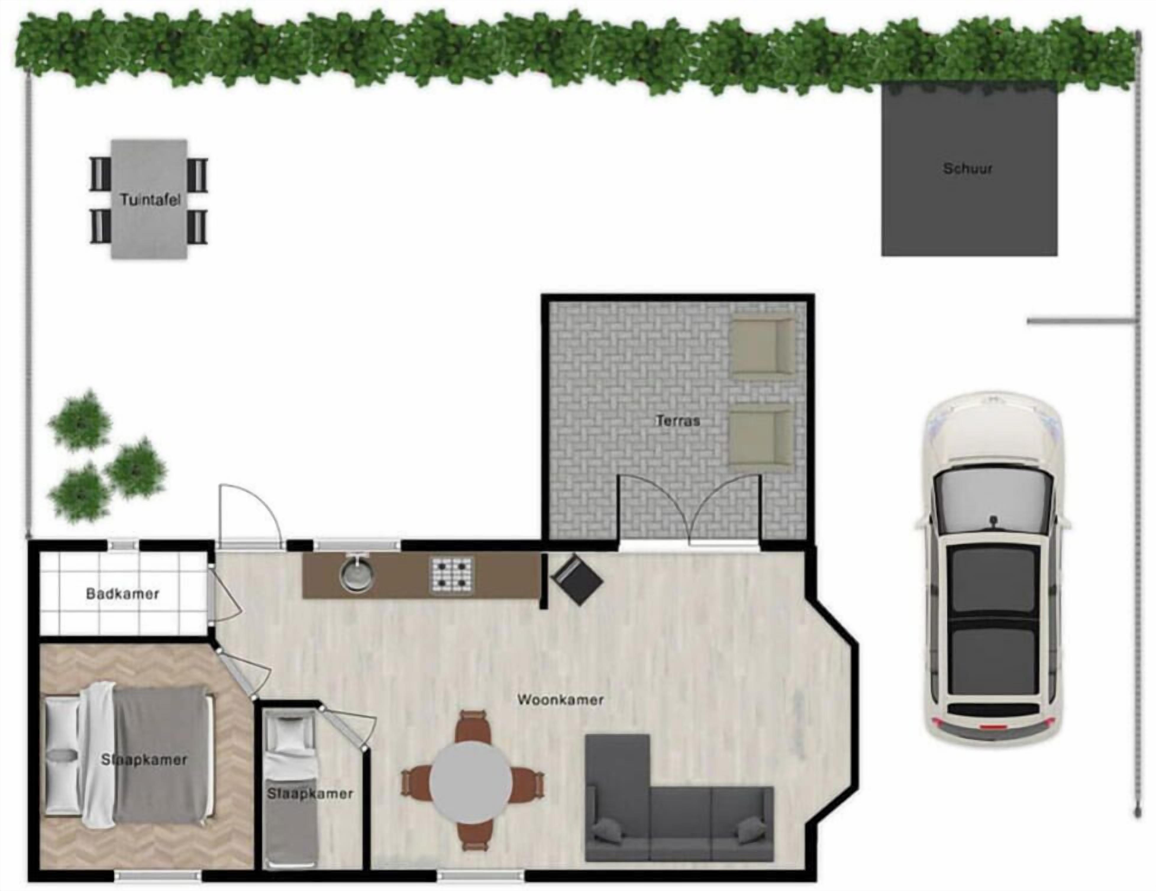 Pianta di un albergo con un letto, una zona salotto, un angolo cottura, un bagno e vista esterna.