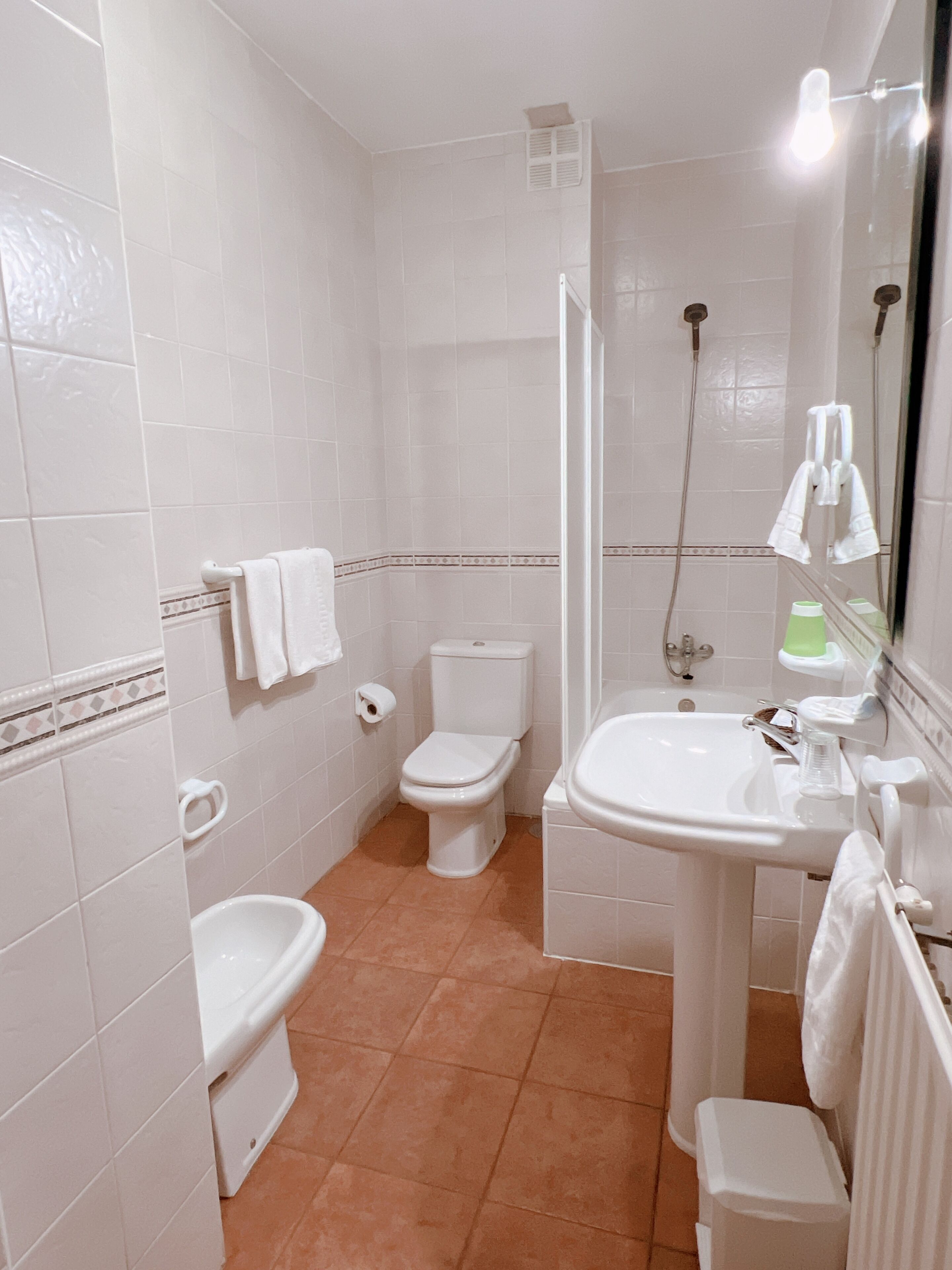 A bathroom with a toilet, bidet, sink, and a shower area.
