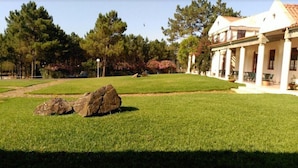 A well-maintained lawn with large rocks, a building with columns, and trees in the background.