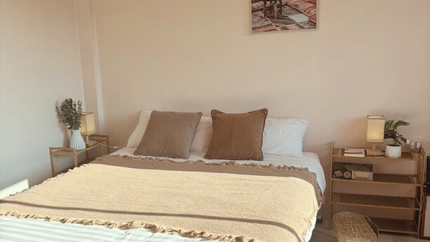 Quarto com cama, travesseiros, mesa de cabeceira, abajur, quadro na parede e uma pequena planta.
