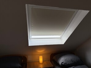 A room with a skylight, a bedside table with a lamp, and two beds.