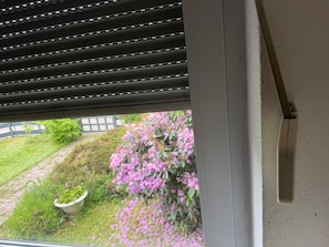 A window with horizontal blinds, a view of a garden with pink flowers, and a white fence.