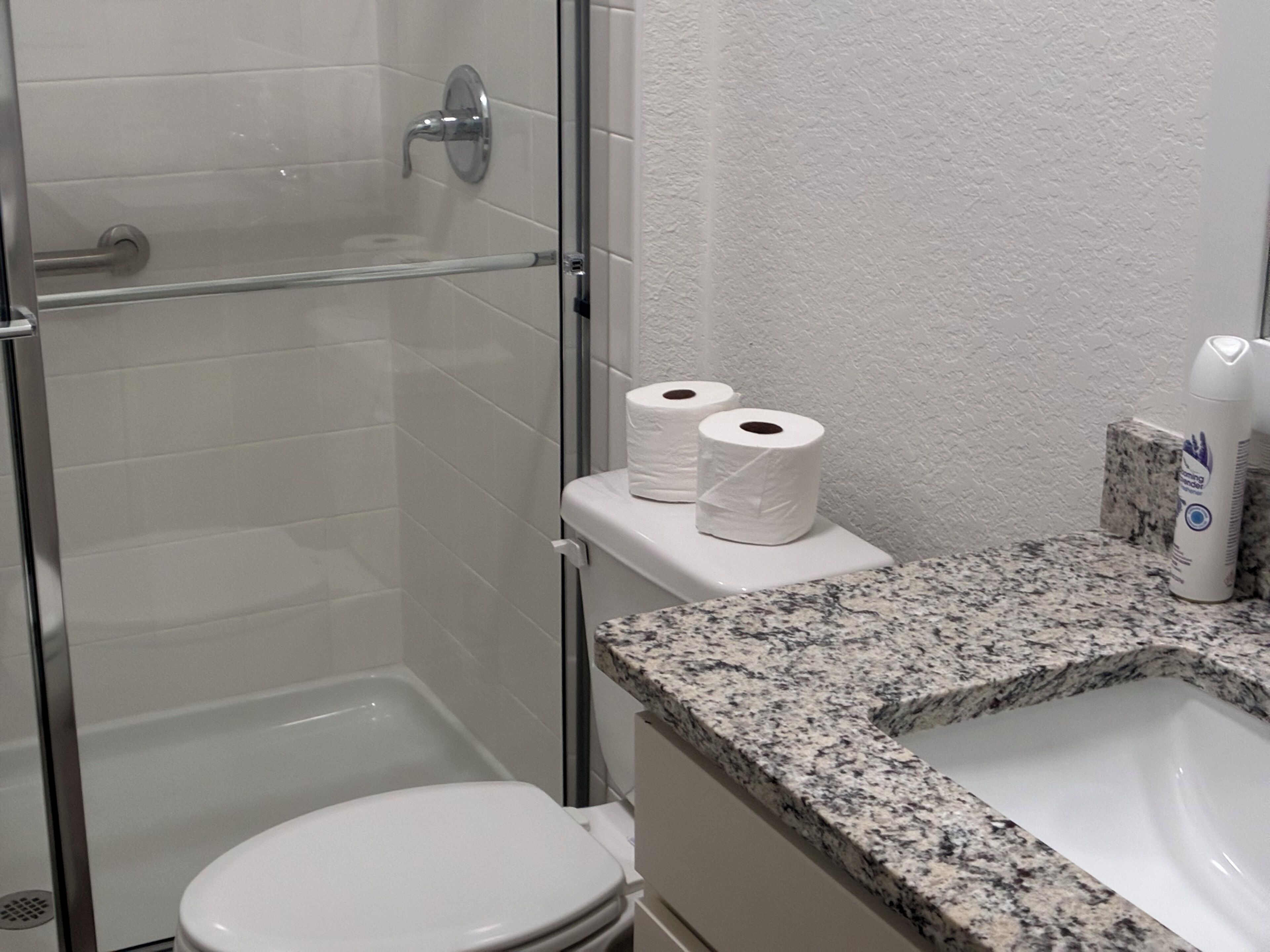 Shower, hair dryer, towels, soap