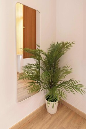 Un rincón con una planta en maceta, un espejo y una puerta de madera.