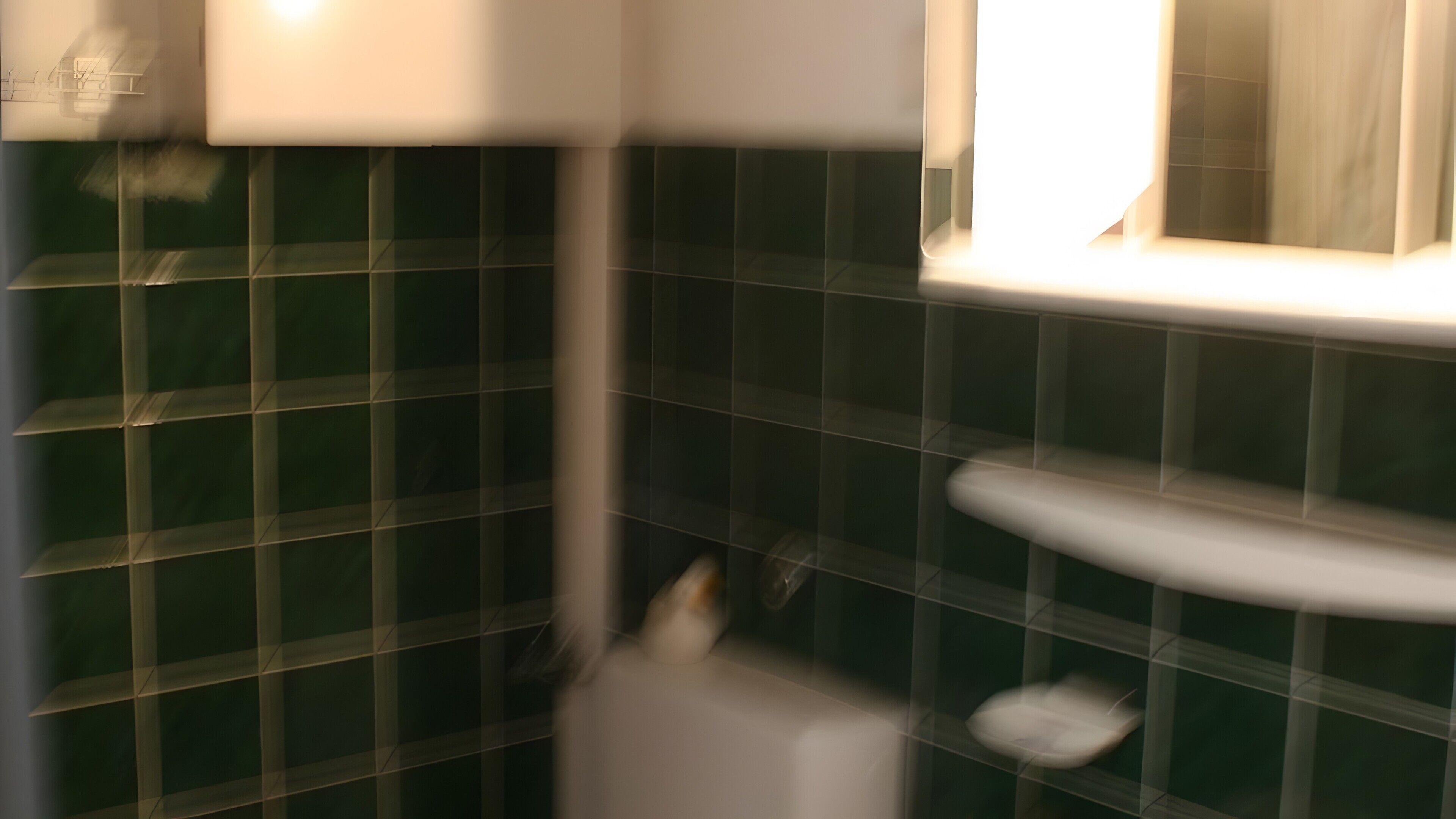 Un baño con azulejos verdes, un inodoro blanco y un espejo.
