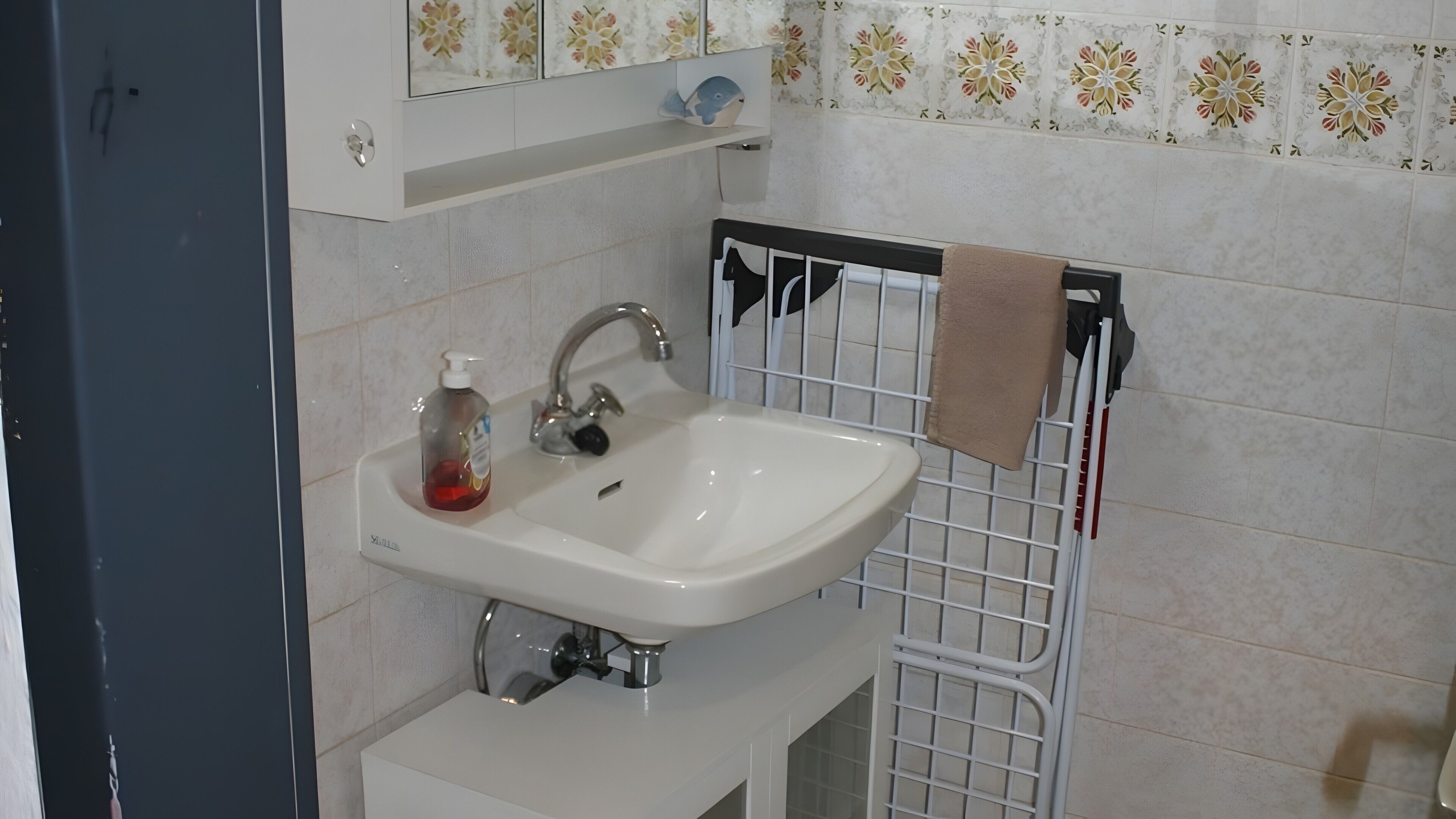 Een badkamer met een witte wastafel, een zeepdispenser, een handdoekrek en een douchehoek.