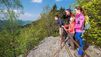 A group of people on a rocky outcrop with a forested valley in the background.