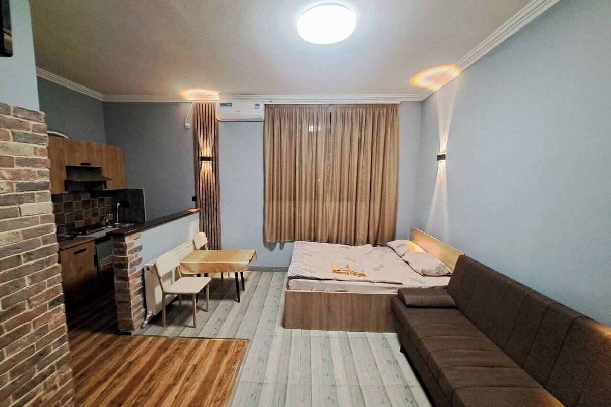 Ein kompakter Wohnbereich mit Küchenzeile, einem Bett, einer Couch und einem Essbereich.