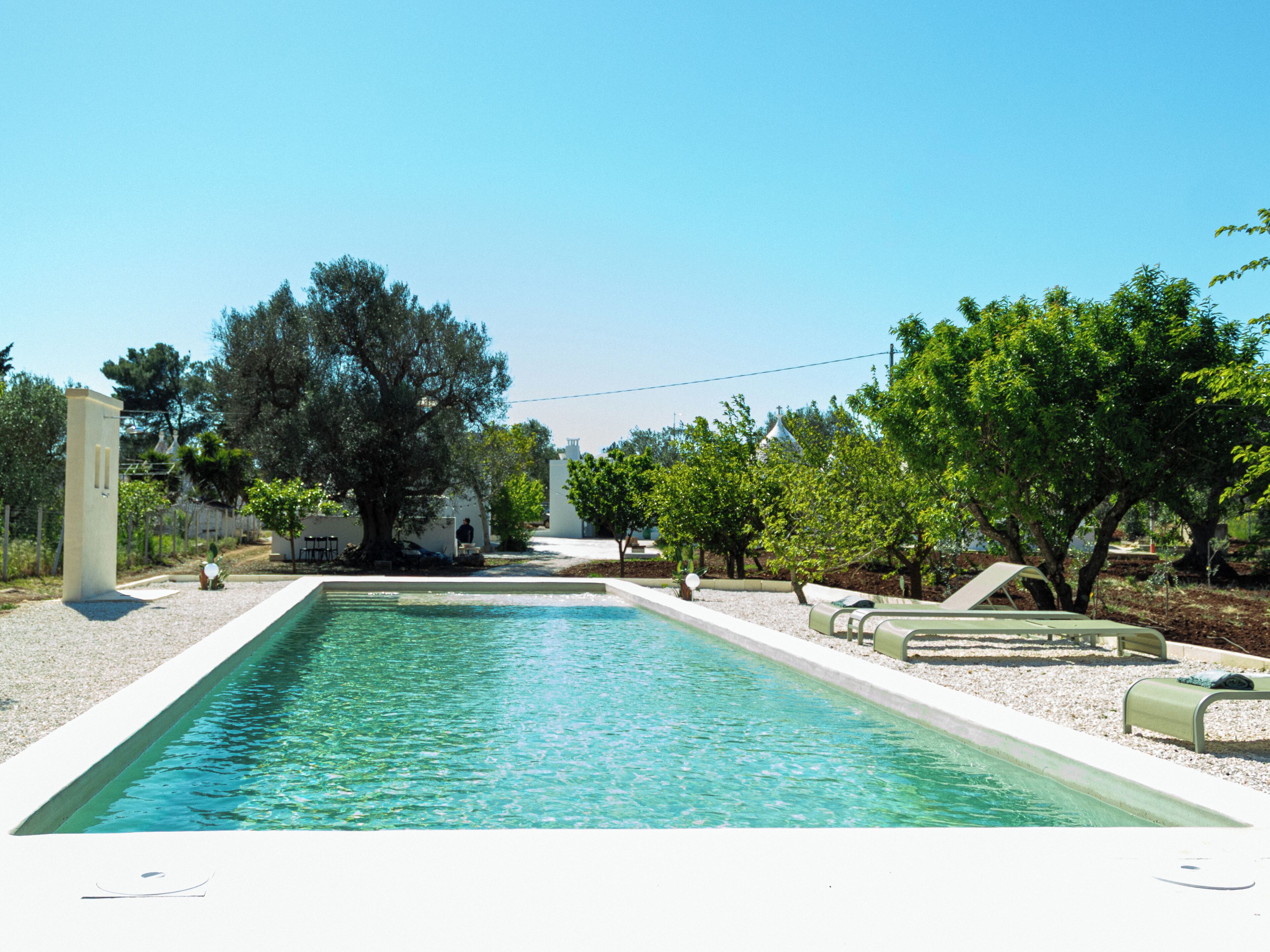 Une piscine à l’eau d’un bleu limpide, entourée d’arbres et avec un bâtiment blanc en arrière-plan.