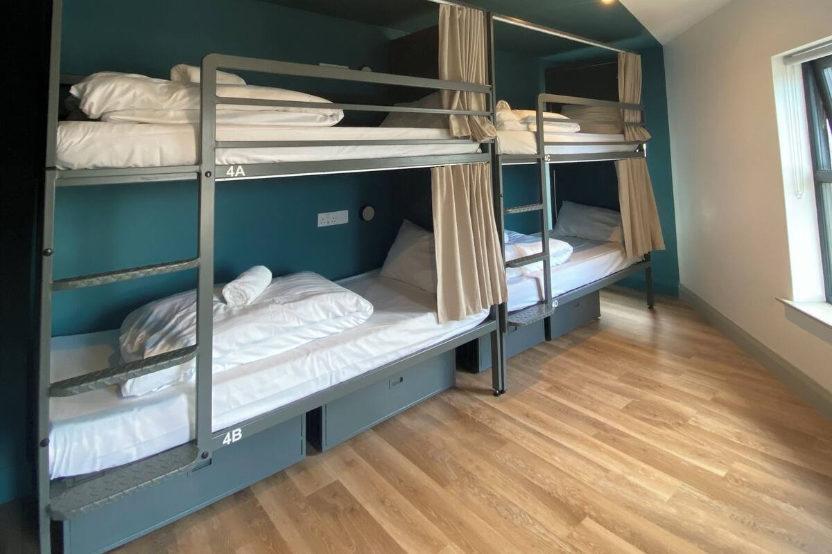 A bunk bed room with a teal wall, wooden flooring, and a window.