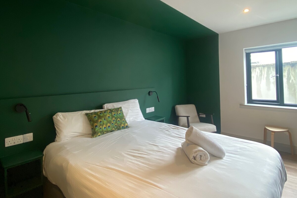 A hotel room with a large bed, a green accent wall, a window with curtains, and a bedside table with a lamp.
