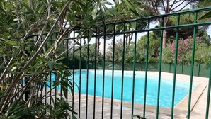 Ein Schwimmbecken, umgeben von einem grünen Zaun, mit üppiger Bepflanzung und Bäumen im Hintergrund.