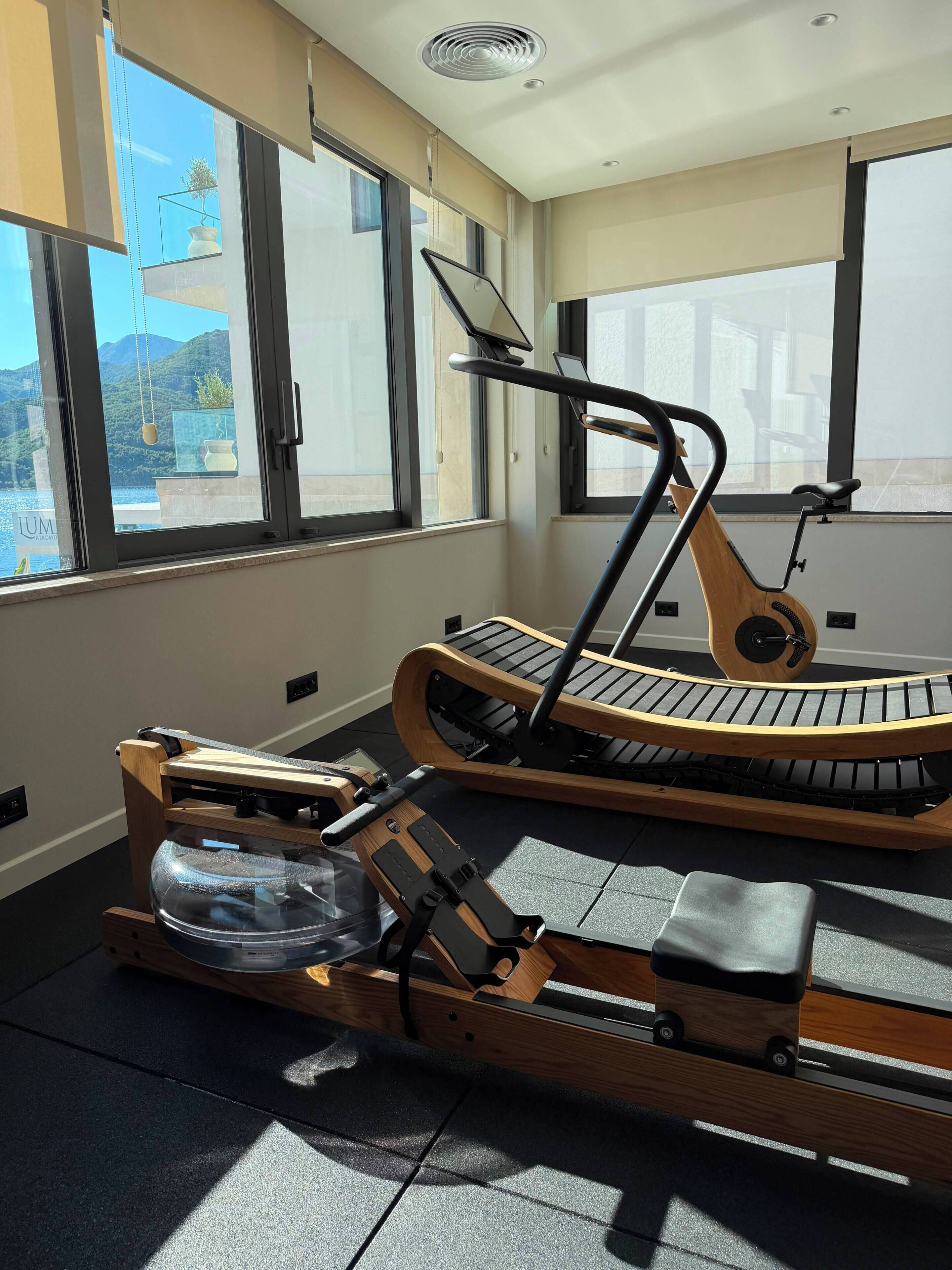 A room with a stationary bike and a rowing machine, large windows with a view of a body of water and hills, and a ceiling fan.