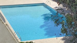 Une piscine rectangulaire avec une échelle sur un des côtés, entourée d’une terrasse en béton et de quelques plantes.