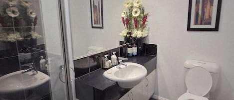 Dusche, Whirlpool, Handtücher, Seife