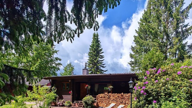 A rustic cabin with a pond, wooden deck, and lush greenery.