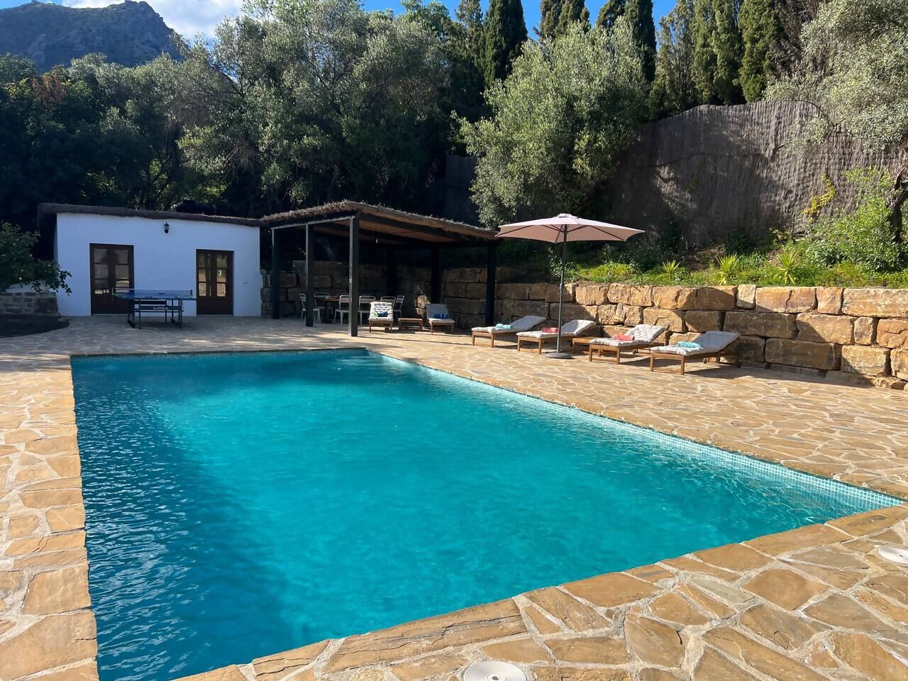 A swimming pool with stone tiles, lounge chairs, a covered seating area, and a white building with windows.