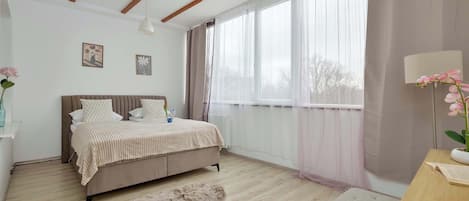 1 bedroom, desk, iron/ironing board, travel cot