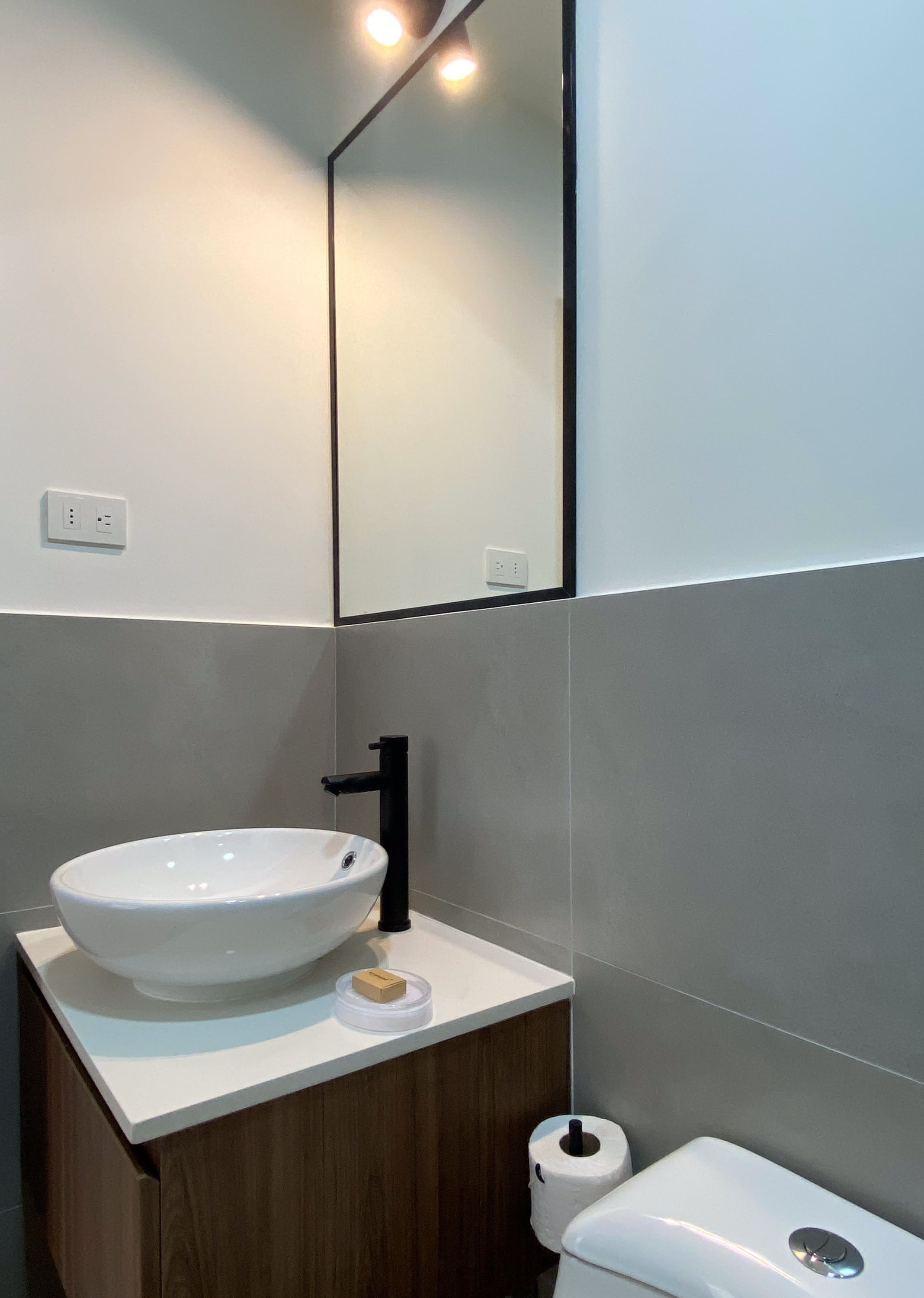 A bathroom with a white sink, a mirror, a toilet, and a wooden cabinet.