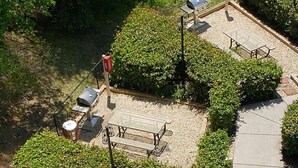Un'area patio esterna con barbecue, tavoli da picnic e un vialetto sterrato.