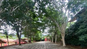 A paved courtyard with stone tiles and trees providing shade. - Pousada Village Da Serra (Santana do Riacho)