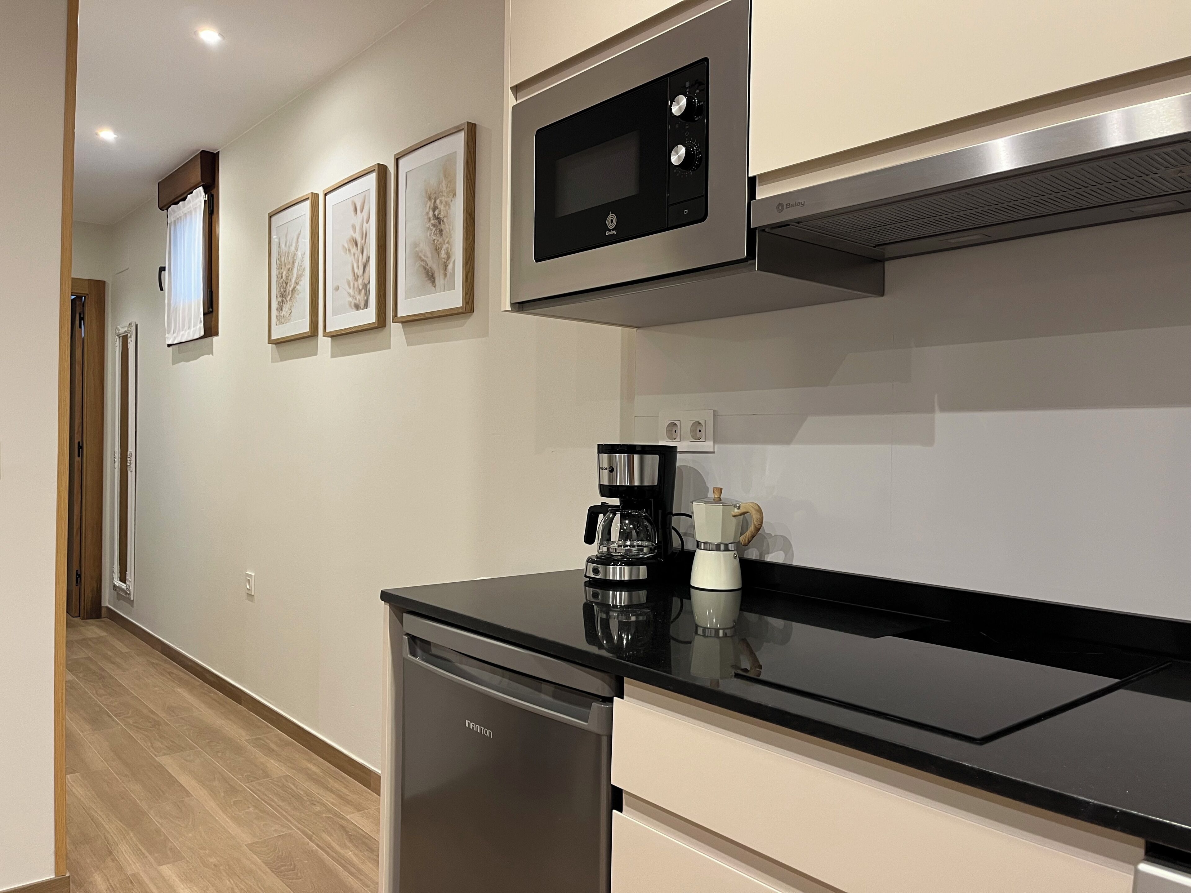 Fridge, microwave, stovetop, coffee/tea maker