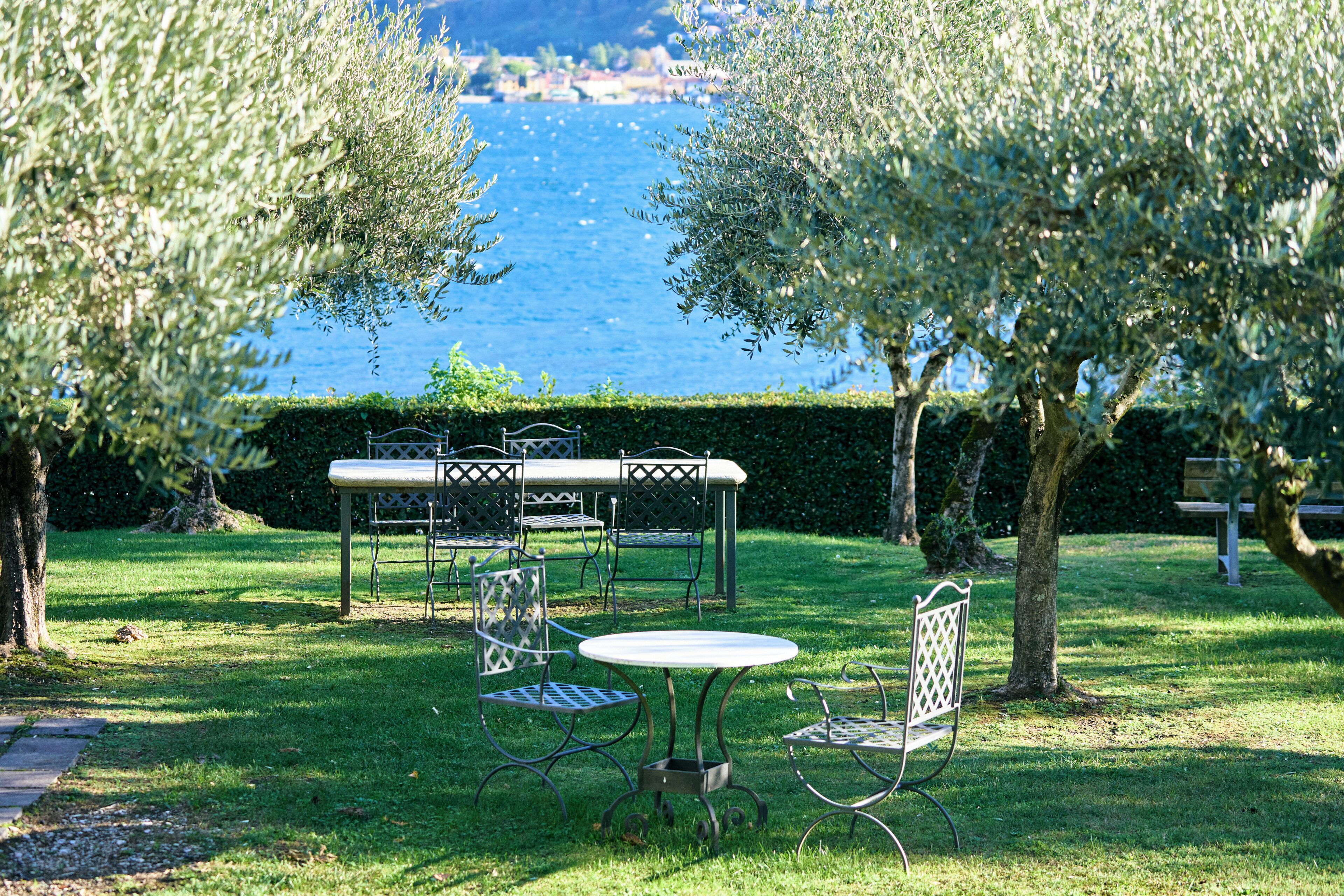 A garden with a table and chairs, a hedge, and a view of the sea.