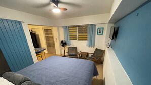 Une chambre à coucher avec un lit, une chaise, un bureau, un ventilateur et une fenêtre avec des rideaux.