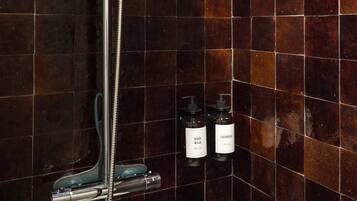 Douche, sèche-cheveux, serviettes fournies, savon