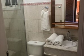 Hair dryer, bidet, towels, soap