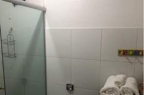 Hair dryer, bidet, towels, soap