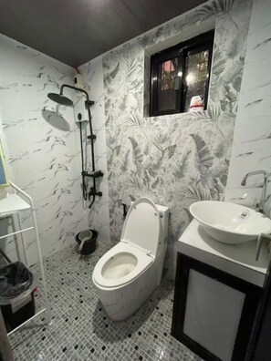 Douche, serviettes fournies, papier toilette