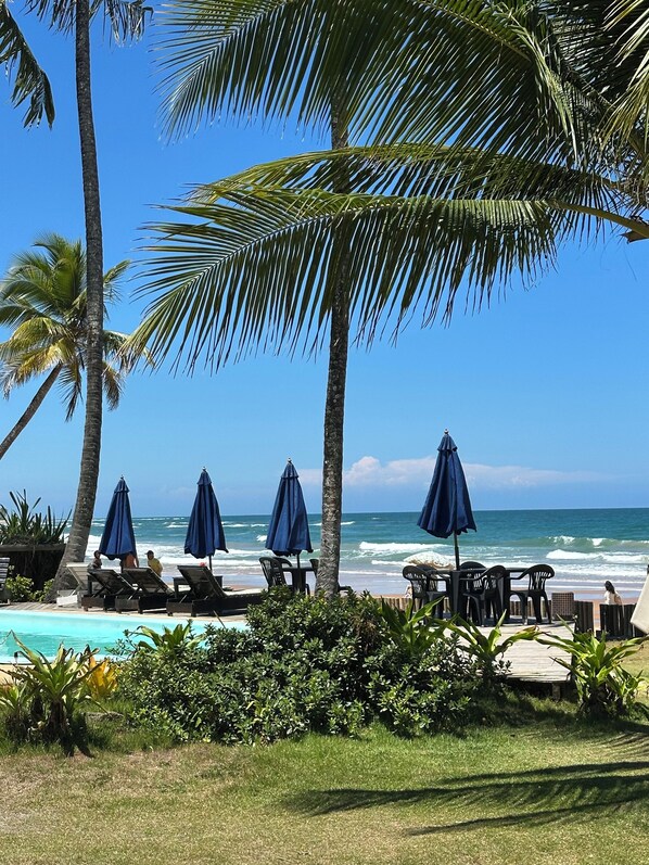 Un complexe hôtelier situé en bord de mer, équipé de chaises longues, de parasols et d’une piscine.