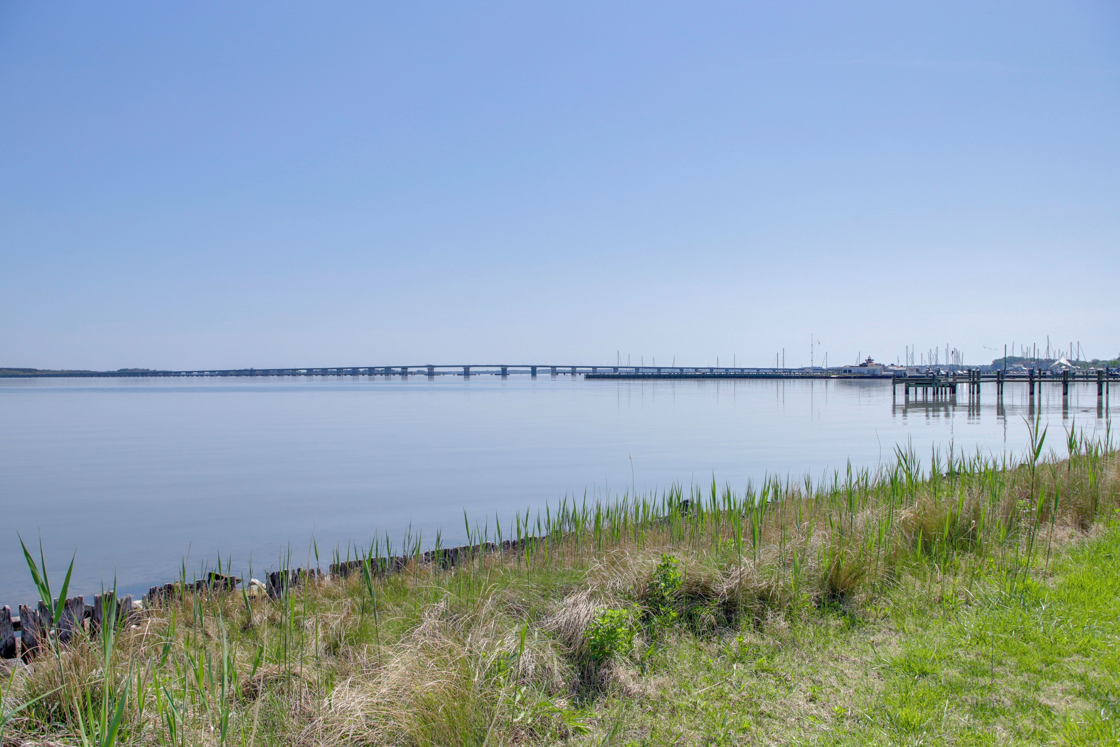 A calm lake with a bridge in the distance, grassy shoreline, and clear sky.