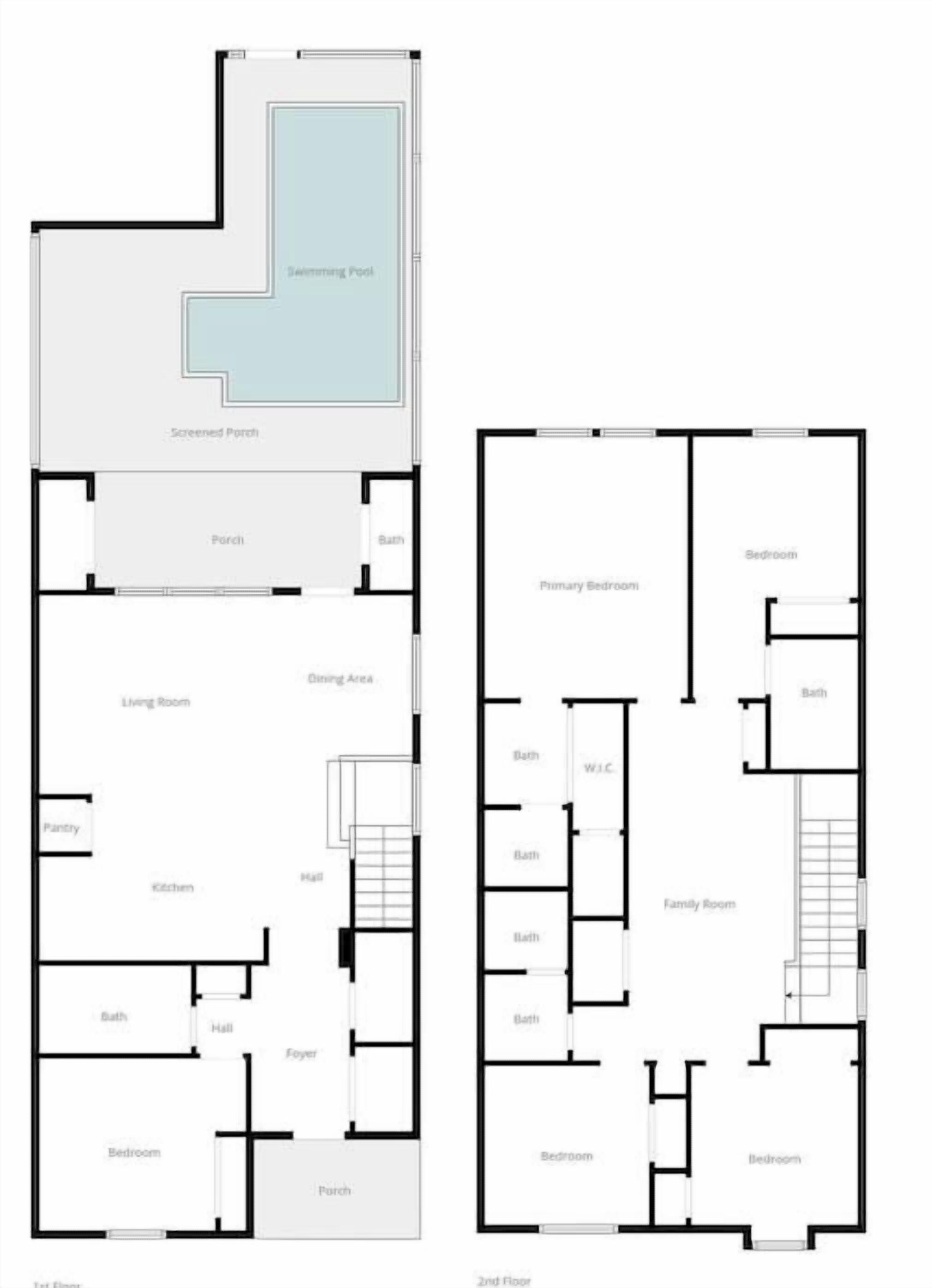 Distribución de una casa de dos pisos con piscina, porche cubierto, habitación principal, sala de estar y varios baños.