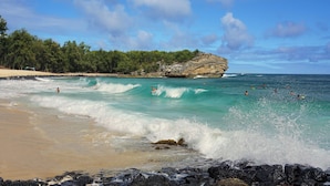 Ein Strand mit Wellen, einem Felsen und bewaldetem Gebiet.
