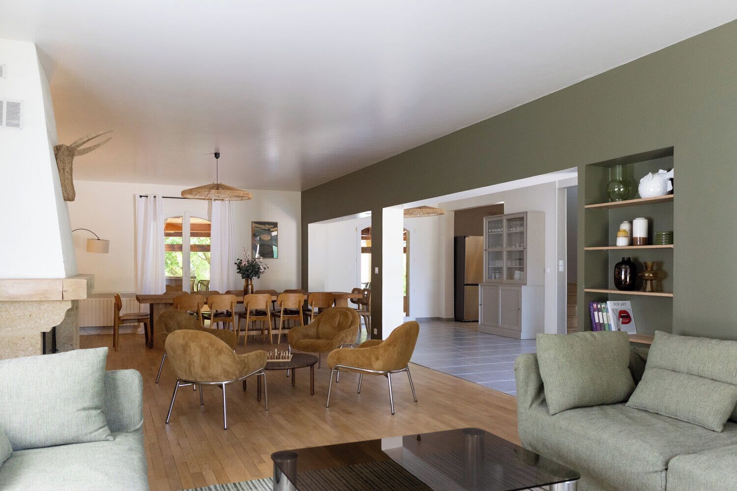 Smart TV, fireplace, video games, foosball