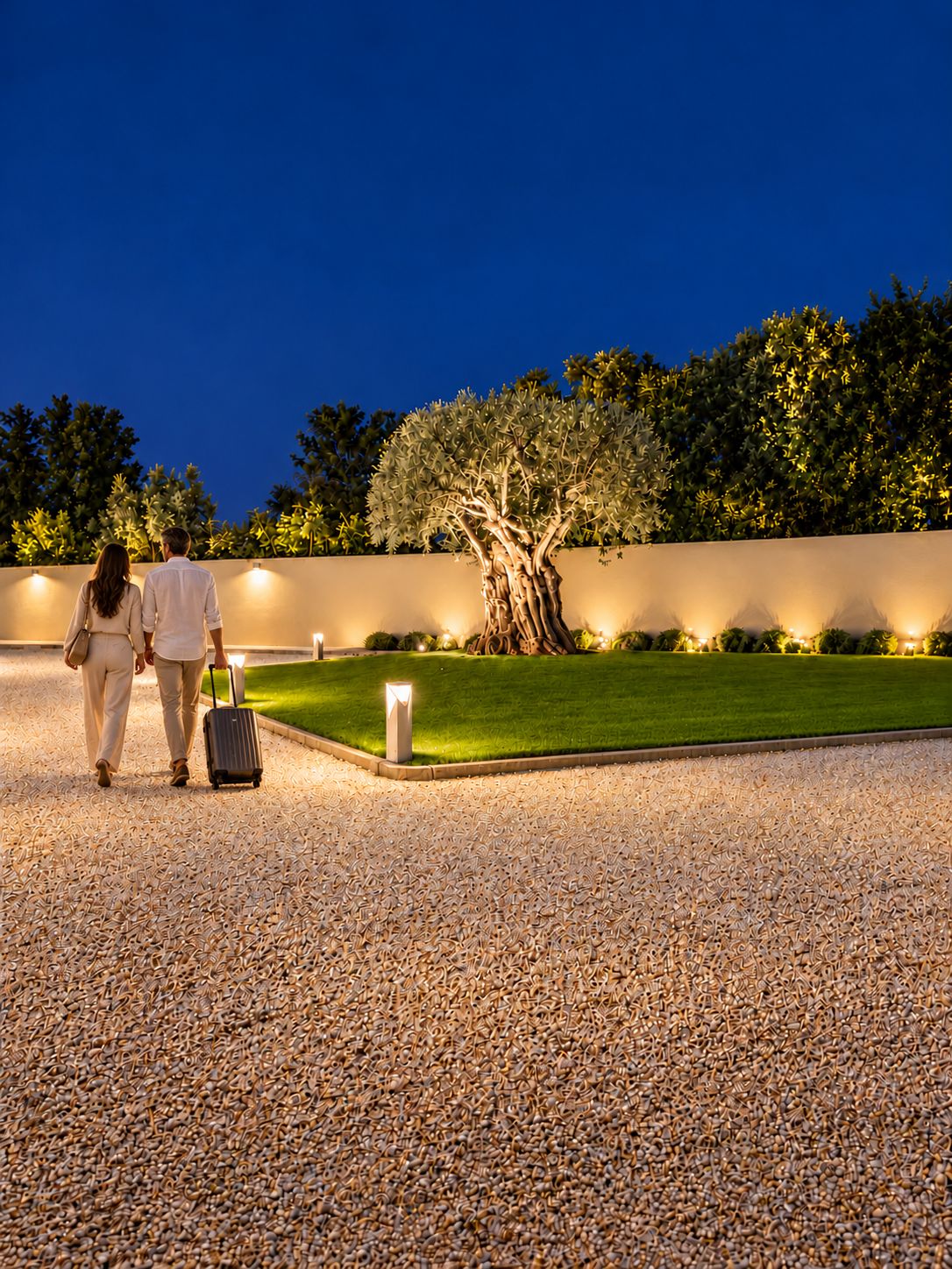 A couple walking on a gravel path with a well-lit hedge and a tree in the background.