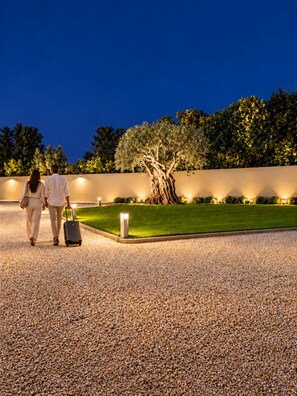 A couple walking on a gravel path with a well-lit hedge and a tree in the background.