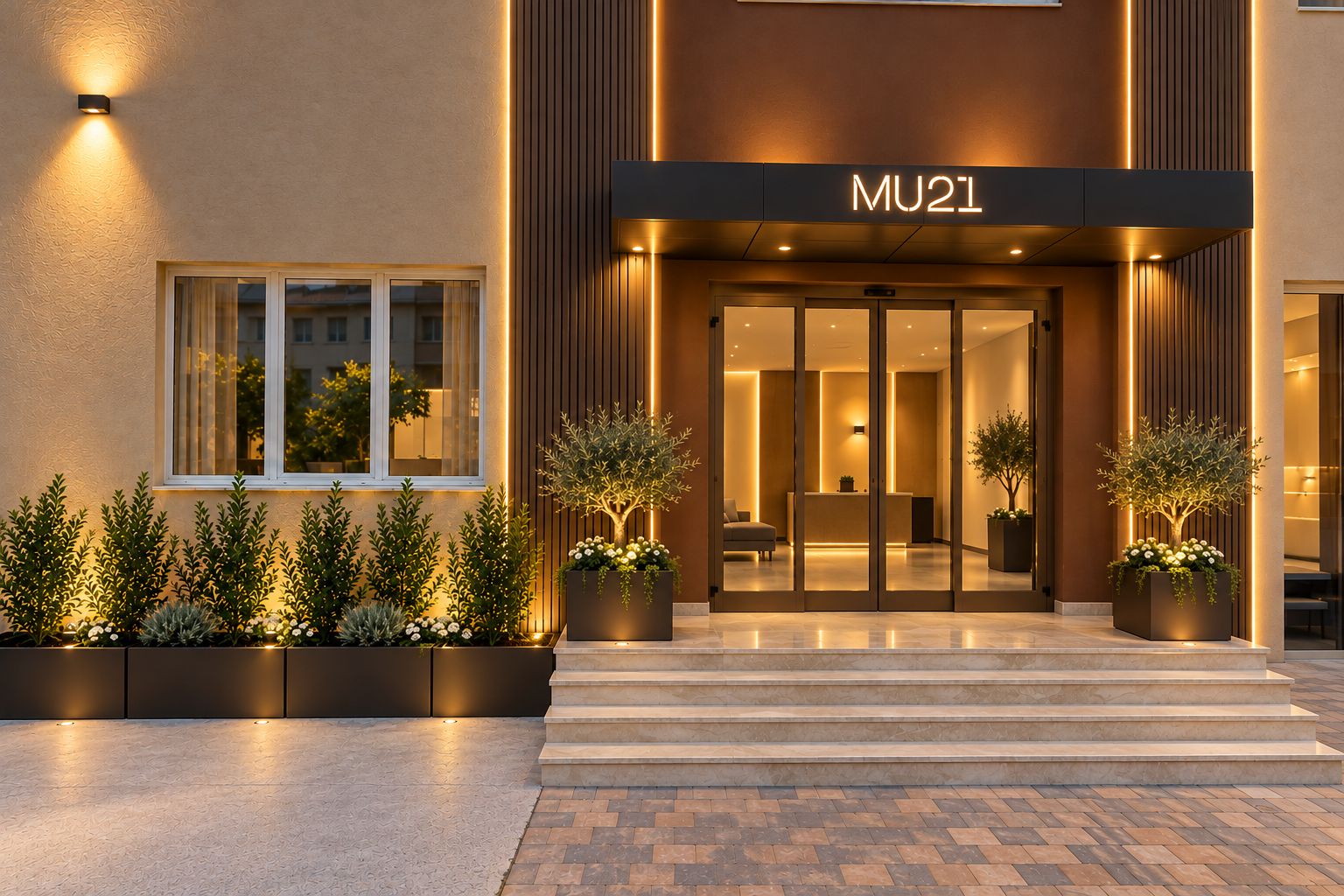 A modern hotel entrance with a nameplate reading 'MU21,' a reception area, and potted plants.