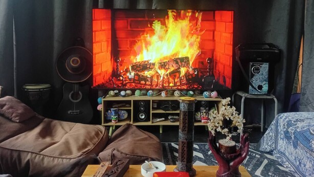 Olohuoneessa on televisio, jossa näkyy kuva takasta, kaiutin ja koristeellinen maljakko.