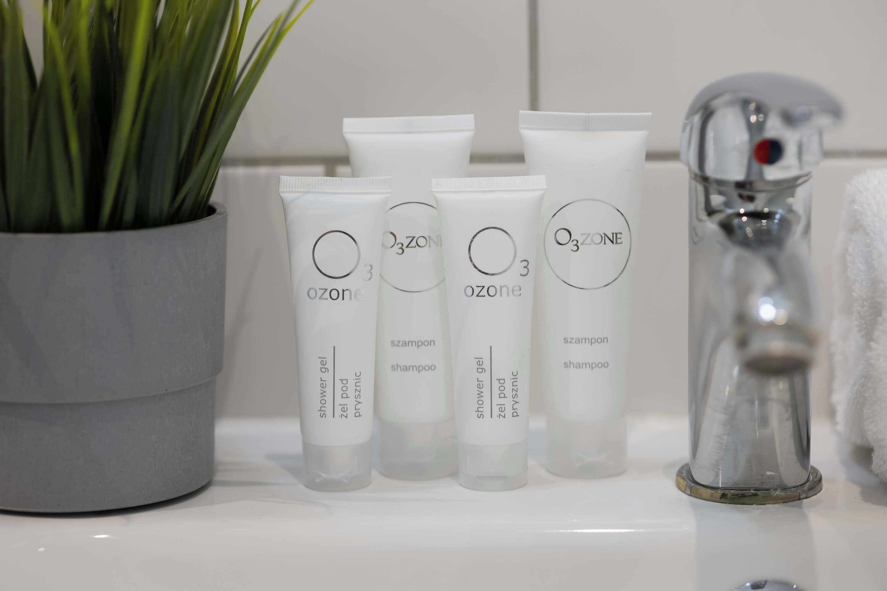 Une salle de bain avec une plante, un robinet et quatre tubes de gel douche et de shampoing.