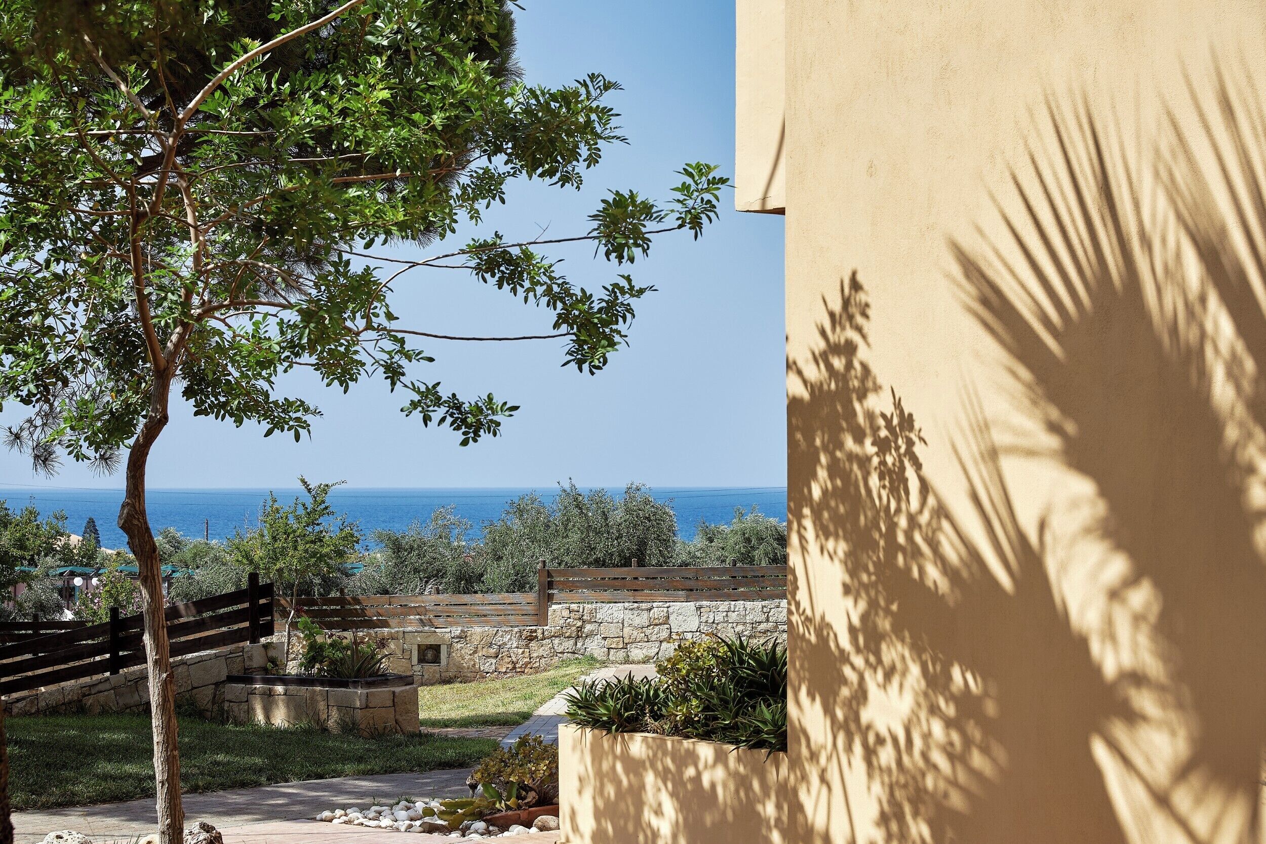 A coastal view with a stone wall, a wooden fence, and a tree in the foreground.