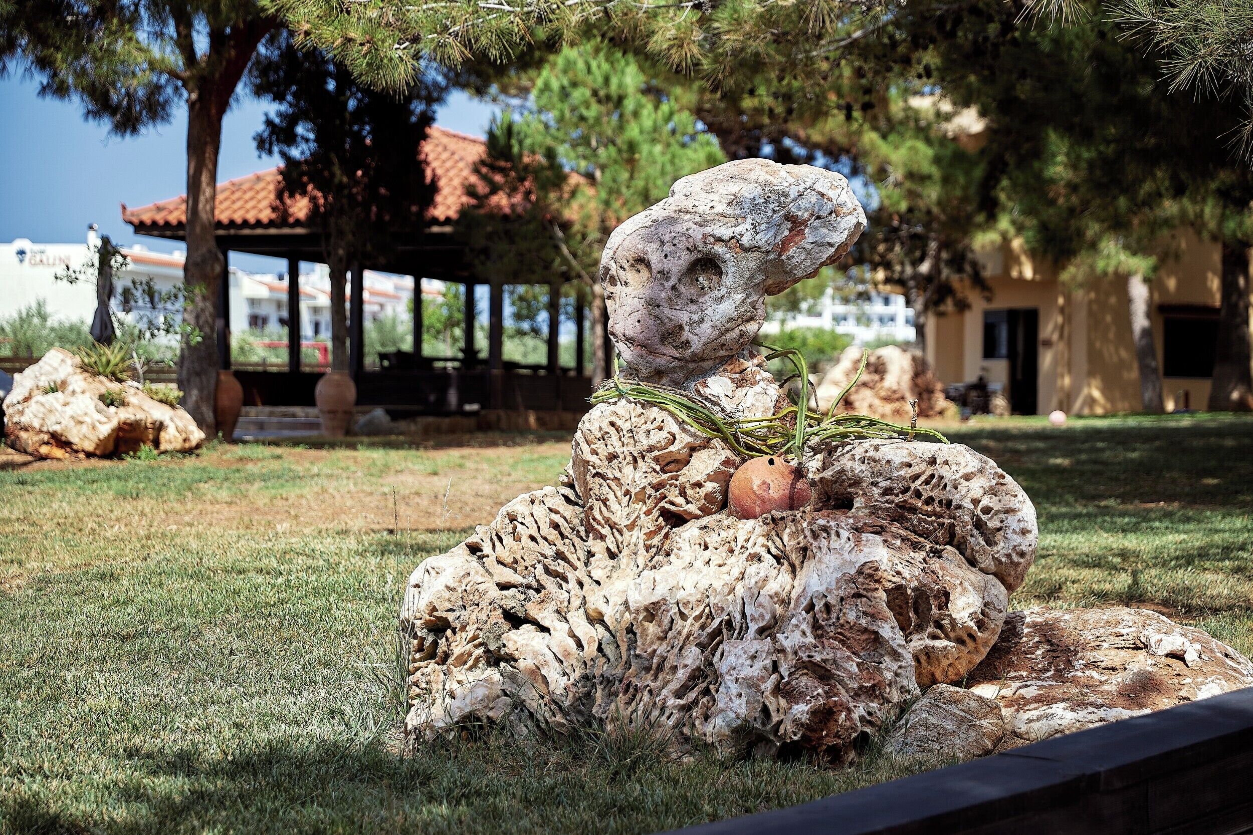 A sculpture of a head with a gnarled texture, placed on a grassy area with trees and a building in the background.