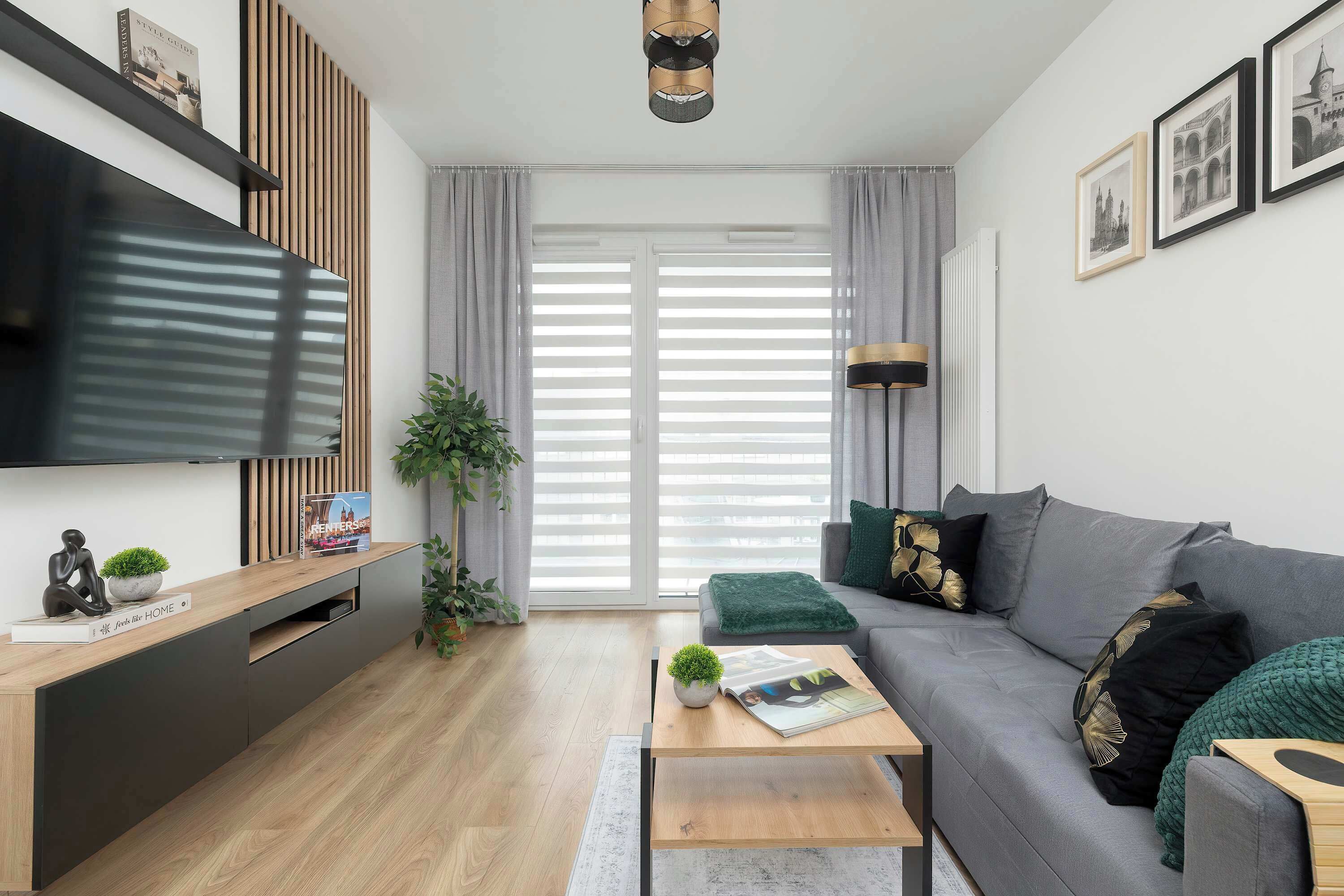 A bright living room features a dark gray sofa, a modern black TV cabinet, and a wooden coffee table.