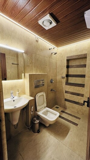 Een kleine badkamer met een wastafel, toilet en douche.